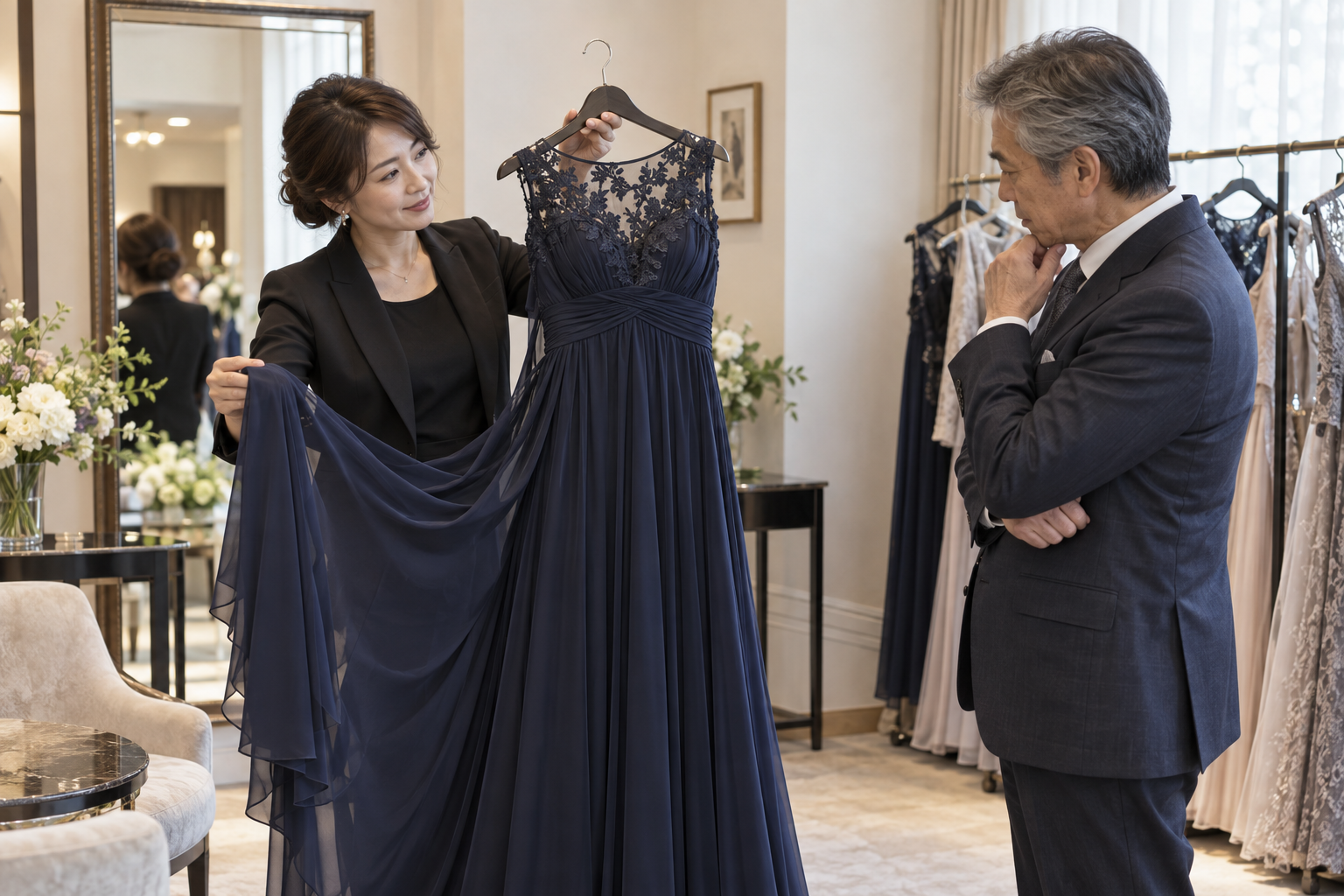 ネイビーのシルクシフォンドレスを提案するスタッフ